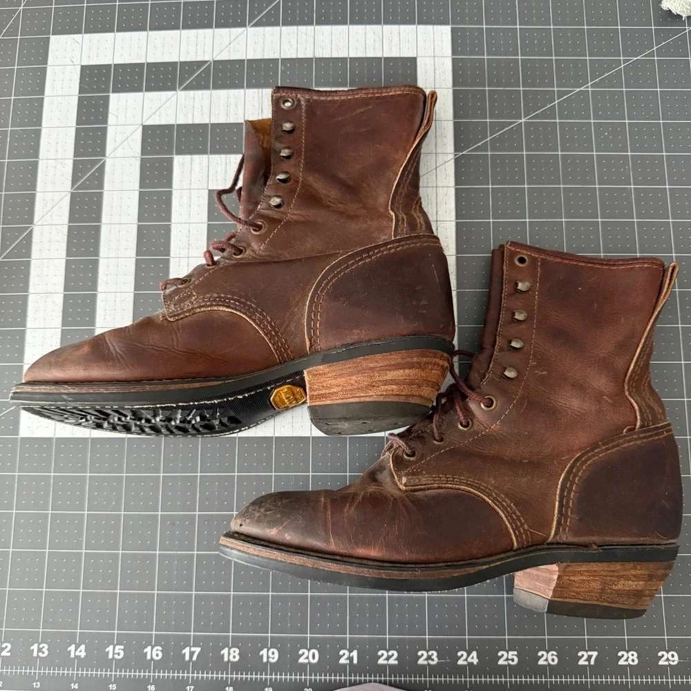 Vintage Heritage Rugged Brown Leather Logger Boots Vibram Woodsman Heel Mens 9.5
